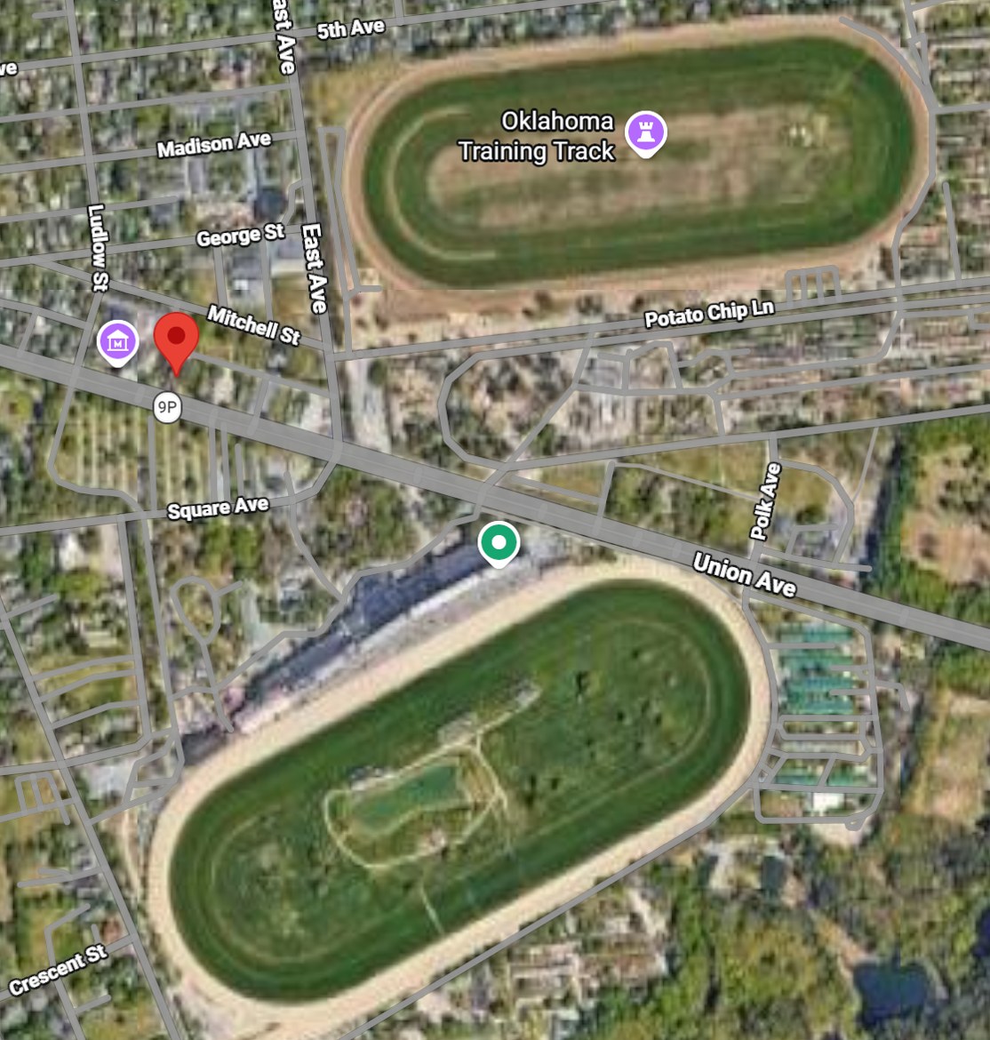 Aerial map showing the Union Avenue Thoroughbred Club directly across from the Saratoga Race Course and a short walk from the Oklahoma Training Track