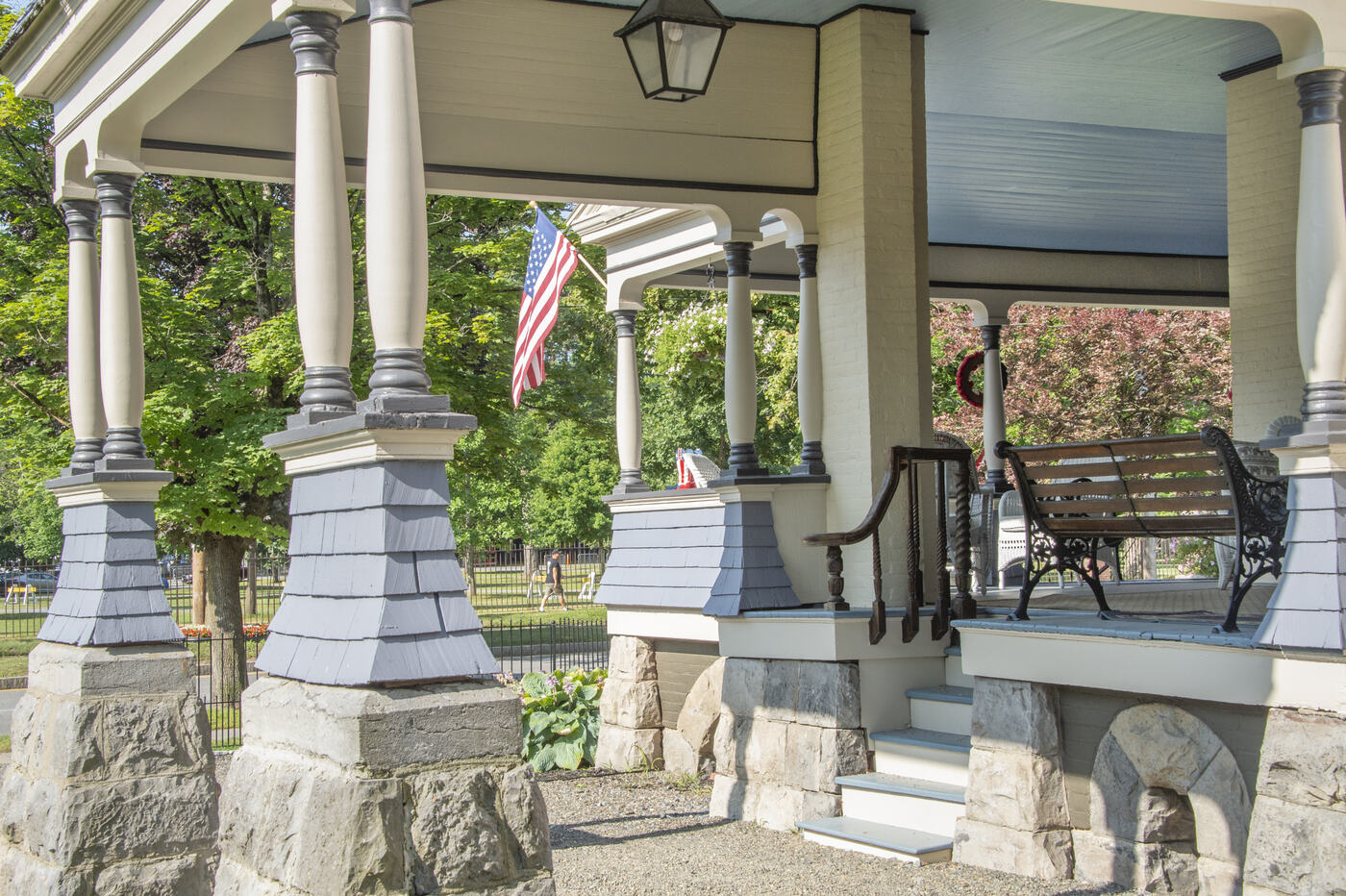 Columns and the porch bench at the Union Avenue Thoroughbred Club