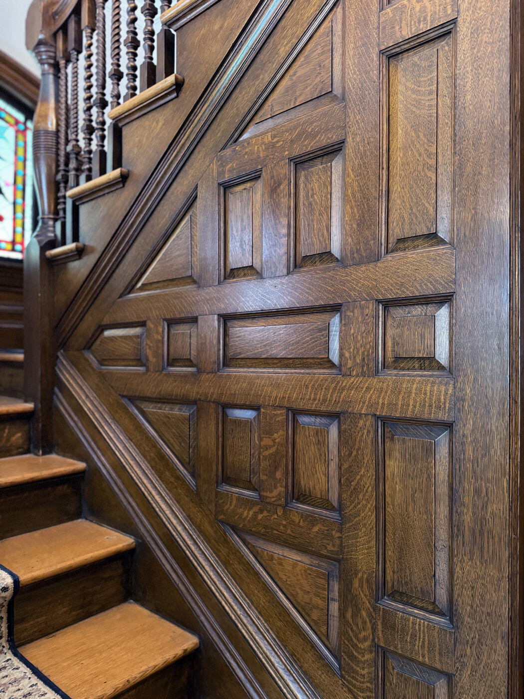 Quartered oak on the staircase at the Union Avenue Thoroughbred Club